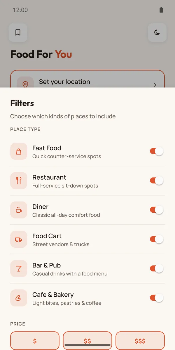The Filters sheet in Food For You, with toggles for fast food, restaurants, diners, food carts, bars and caf&eacute;s, and a price row below.
