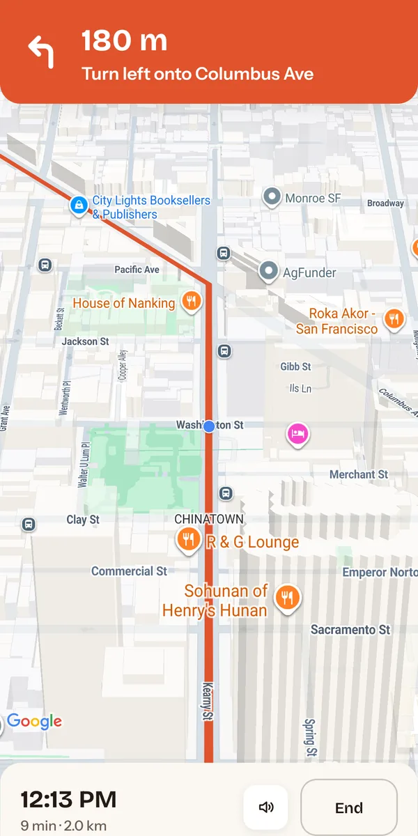 Turn-by-turn navigation in Food For You: a tilted street map following the car, a banner reading 160 m, turn left onto Beach St, and the arrival time with a mute button and an End button.