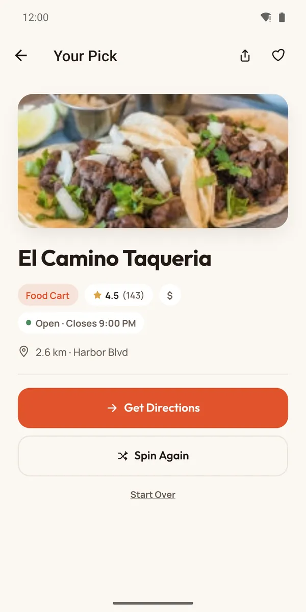 A result screen showing El Camino Taqueria, a food cart rated 4.5, open until 9 PM, 2.6 km away, with Get Directions and Spin Again buttons.