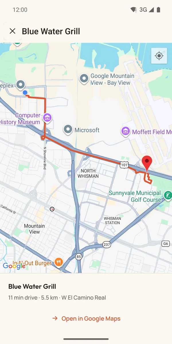 A driving route drawn on a map from the current location to Blue Water Grill, 11 minutes and 5.5 km away, with an Open in Google Maps link.